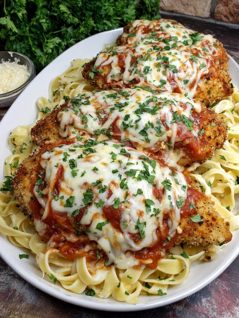 A plate of chicken parmesan with fettuccine alfredo.