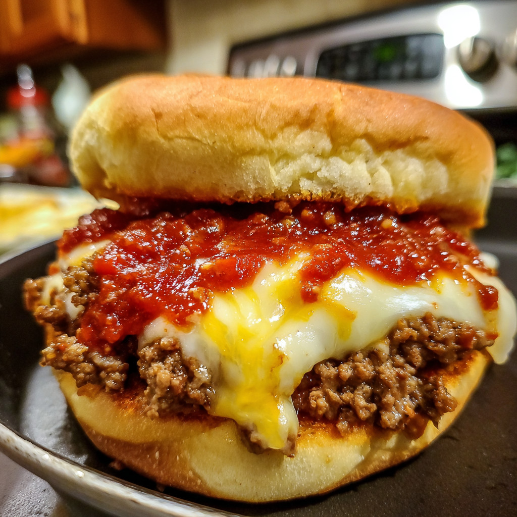 A close up of a cheeseburger with meat sauce.