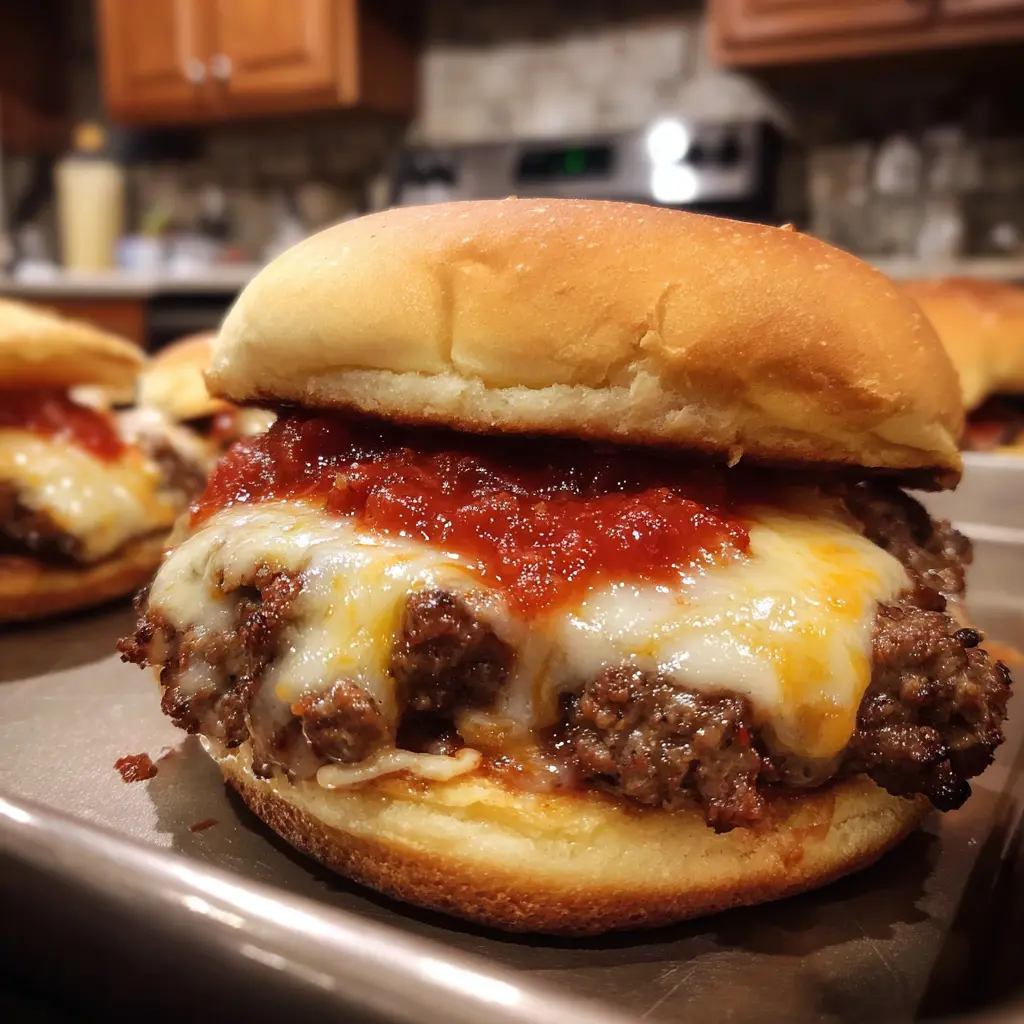 A close up of a cheeseburger with meat sauce.