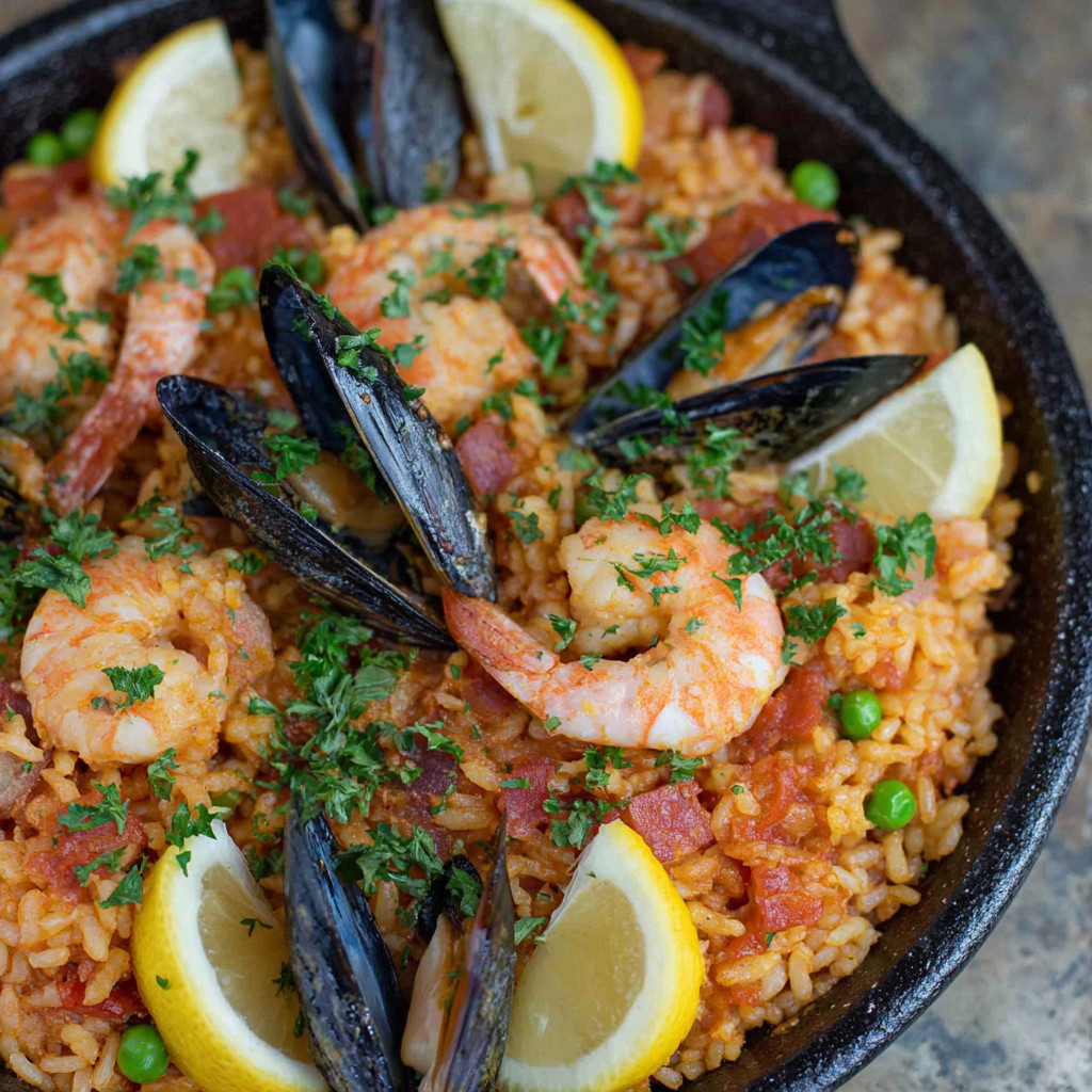 A skillet of seafood paella with a lemon wedge.
