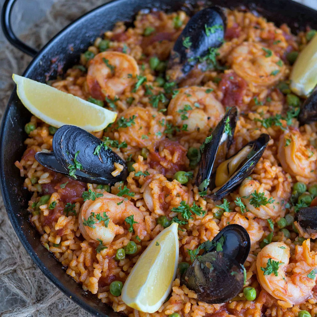A skillet filled with seafood paella.