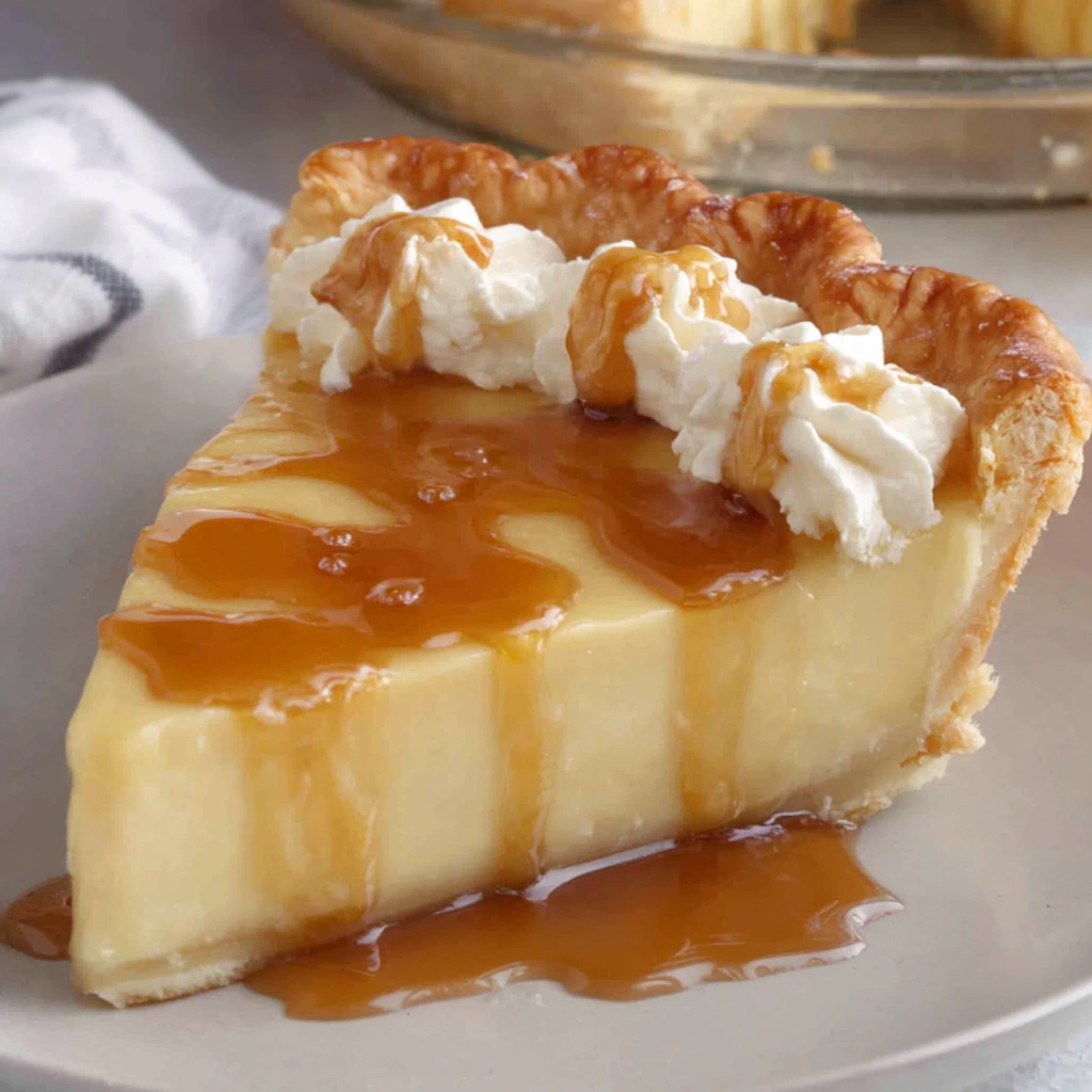A slice of honey pie on a plate.