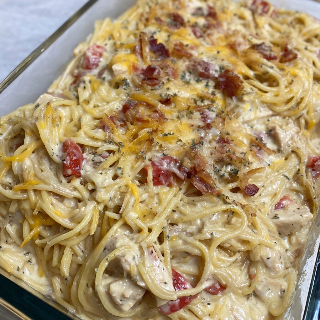 A dish of chicken spaghetti.