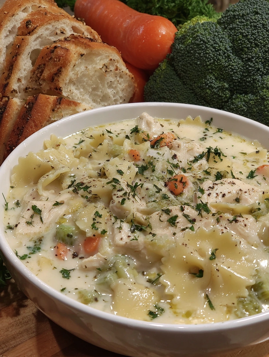 A bowl of white chicken lasagna soup.