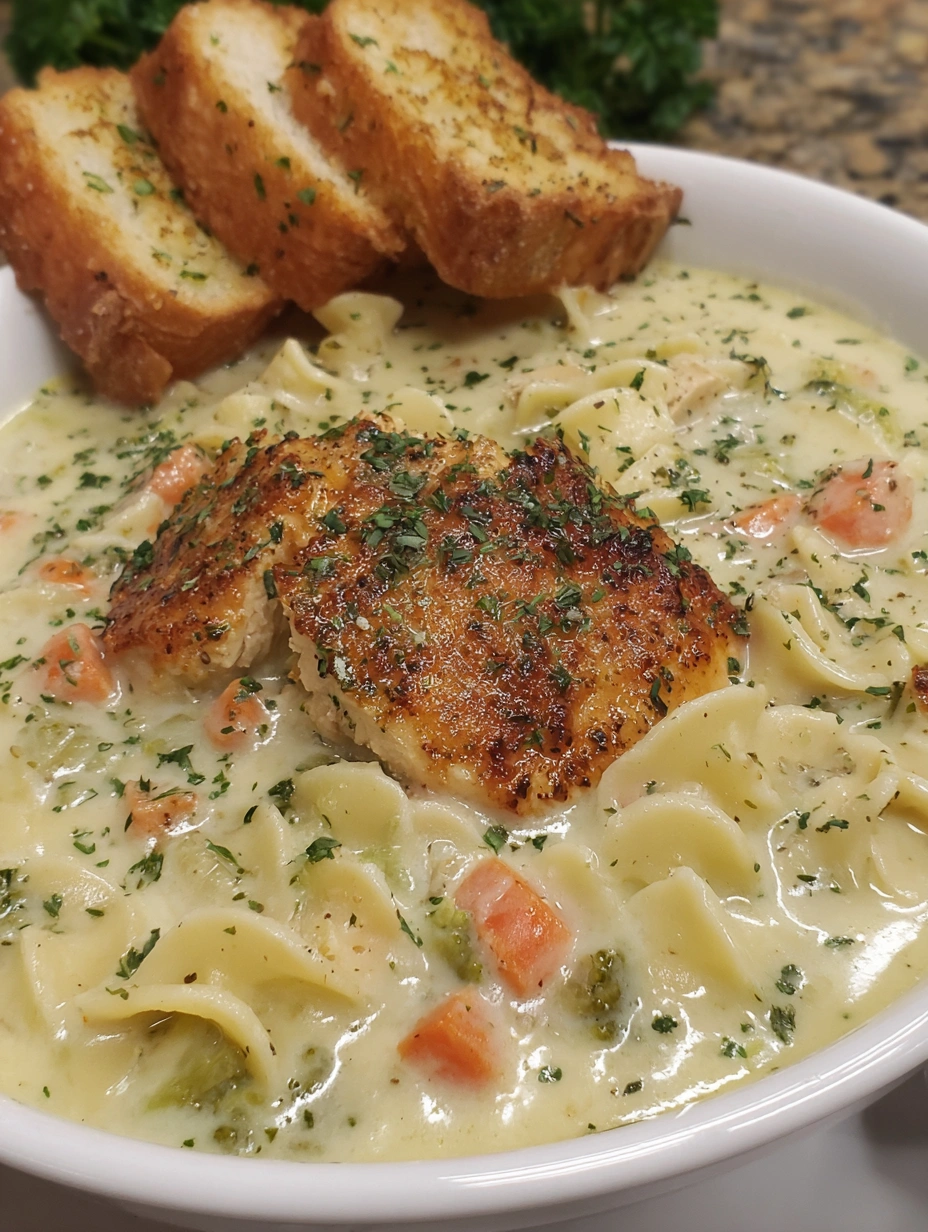 A bowl of white chicken lasagna soup with bread on the side.