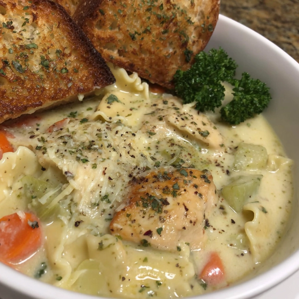 A bowl of white chicken lasagna soup.