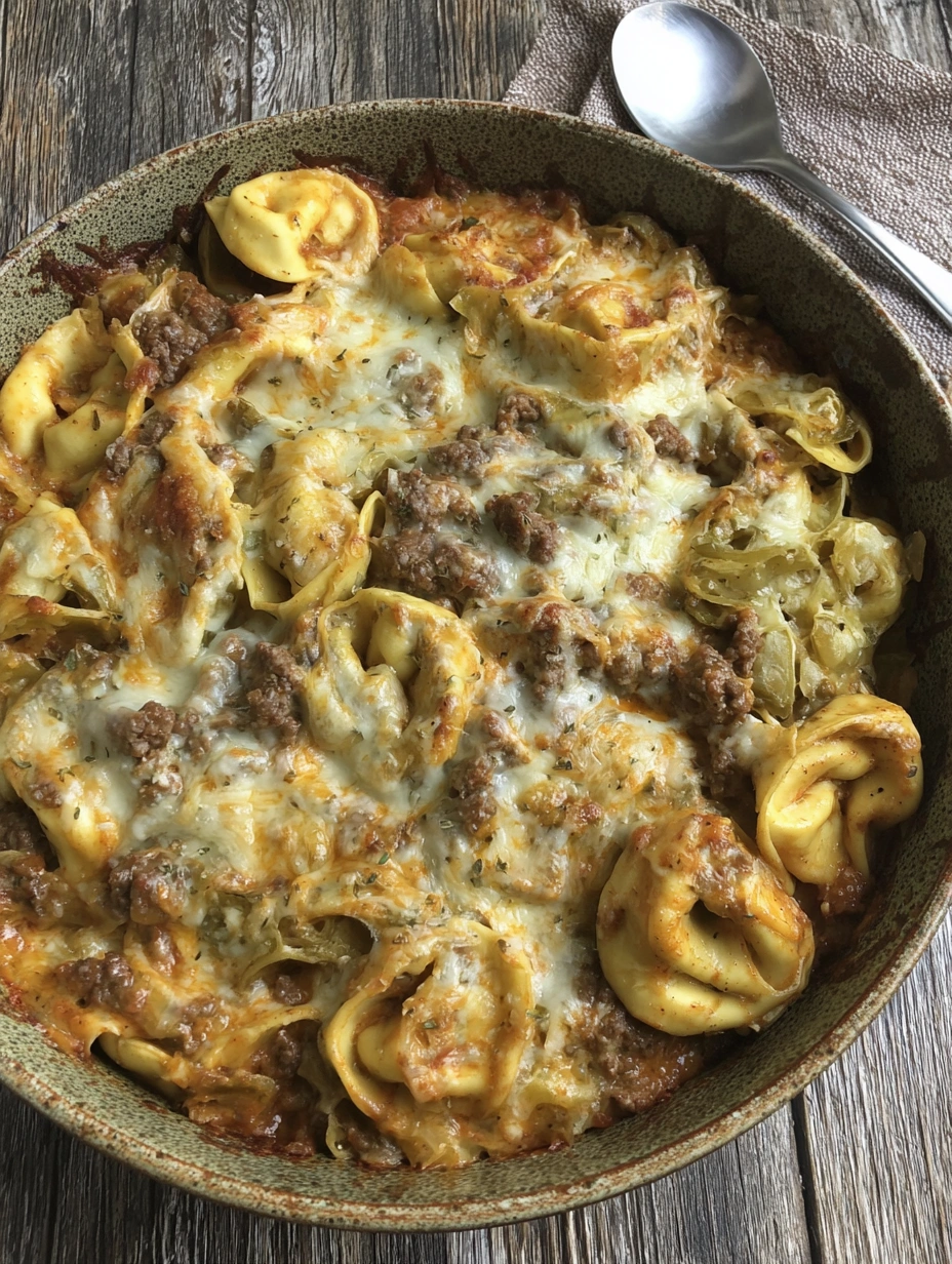 A bowl of creamy tortellini bake.