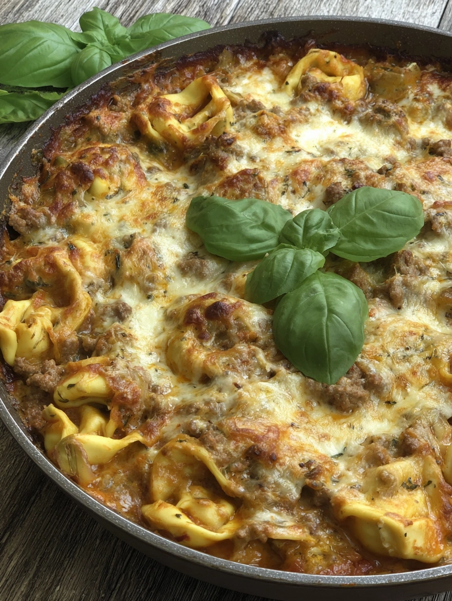 A creamy tortellini bake with spinach and cheese.