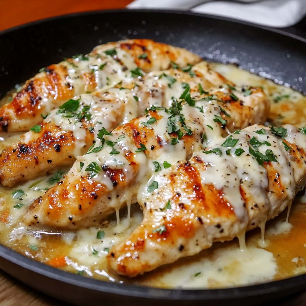 A skillet of garlic Parmesan chicken.