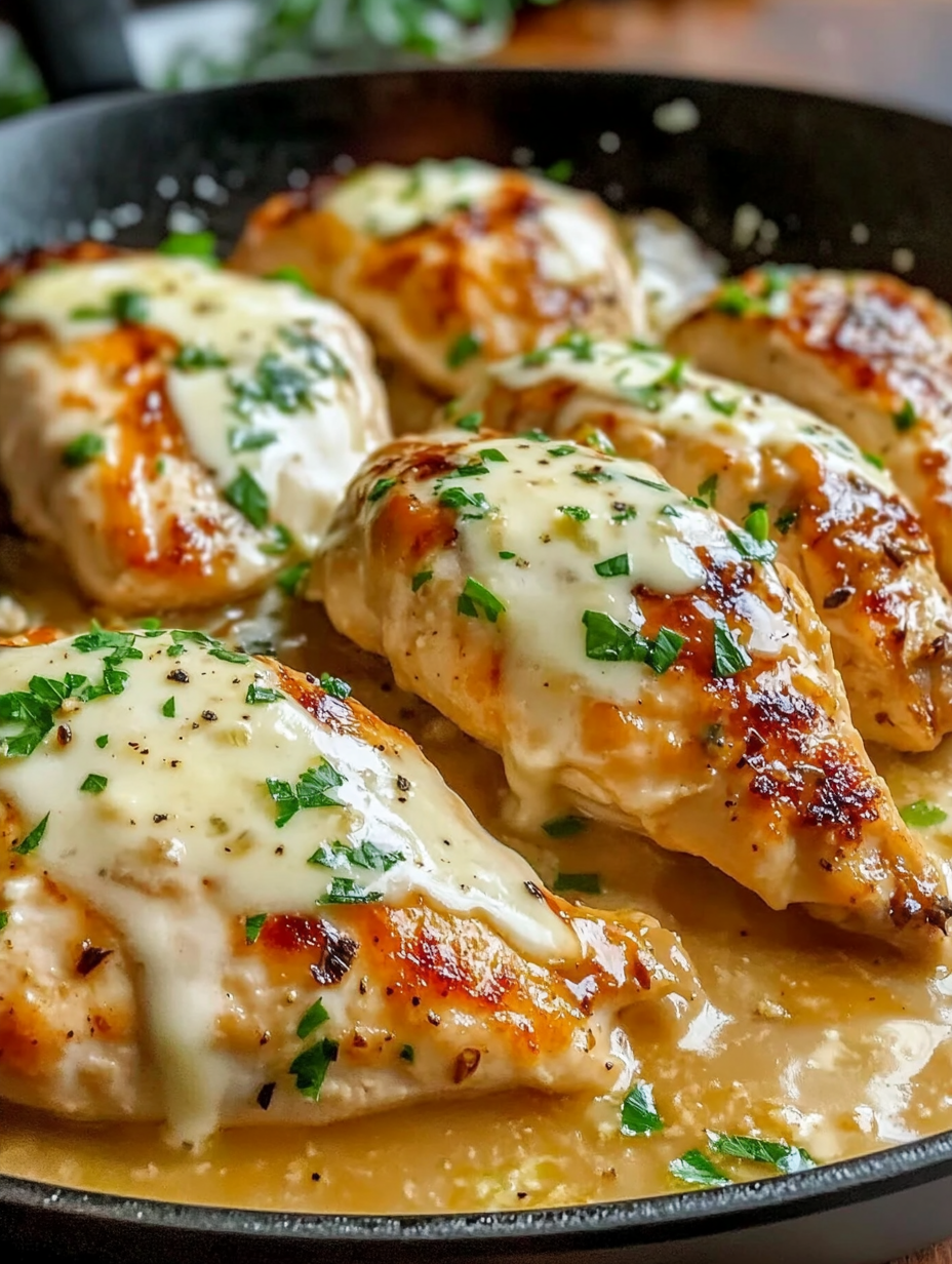 A skillet of garlic Parmesan chicken.