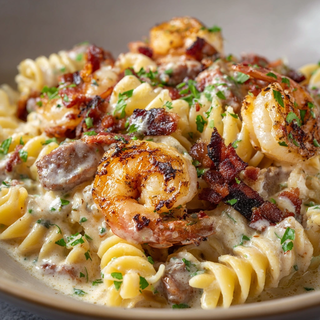 A bowl of pasta with shrimp, sausage, bacon, and cheese.