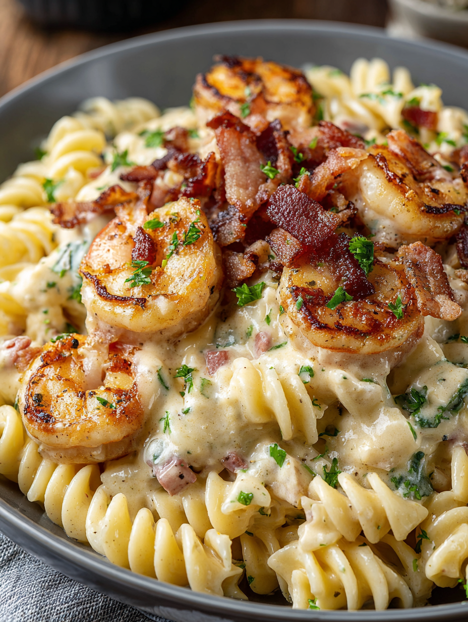 A bowl of pasta with shrimp, sausage, bacon, and cheese.