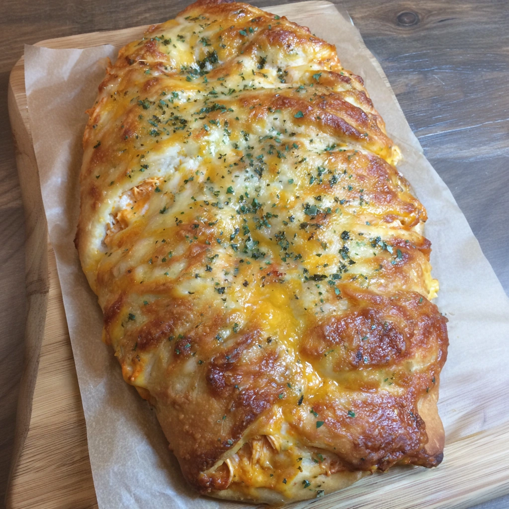 A buffalo chicken stromboli on a wooden cutting board.