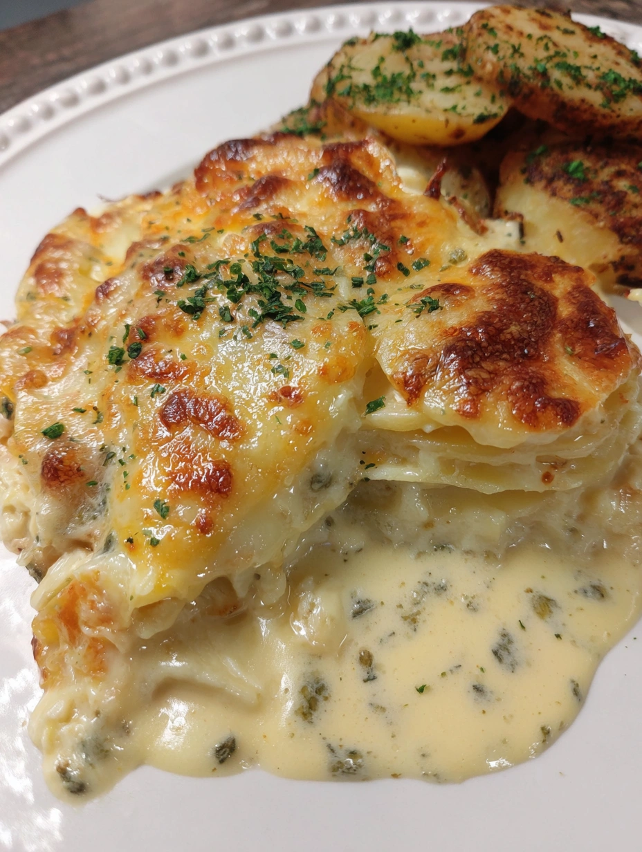 A dish of cheesy potatoes au gratin.