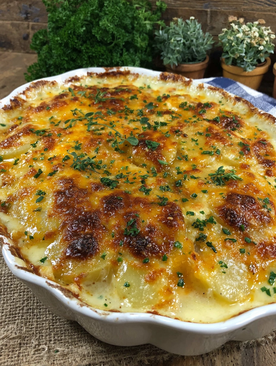 A dish of cheesy potatoes au gratin.