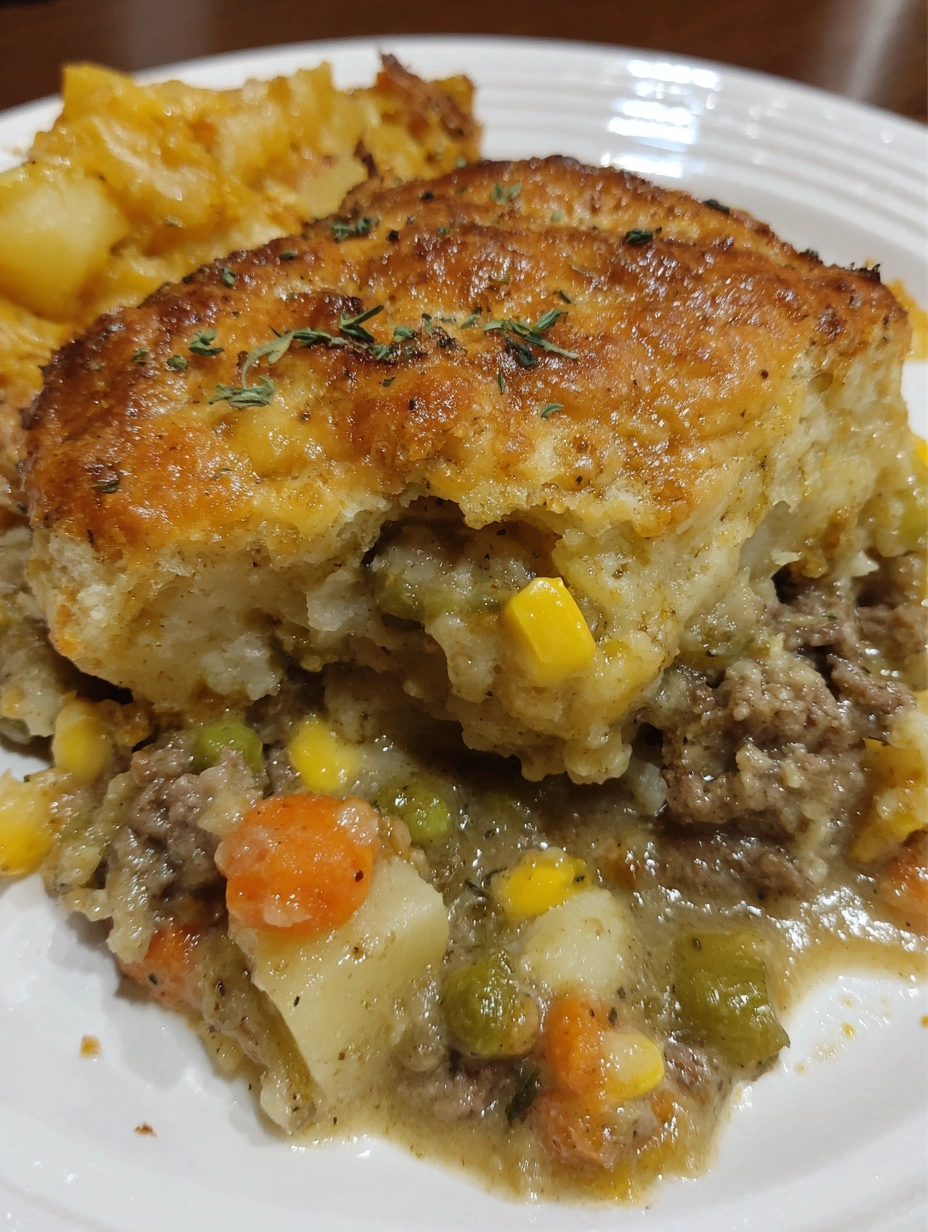 A delicious looking casserole with cheddar bay biscuit topping.