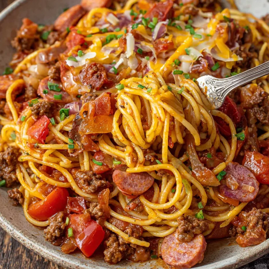 A bowl of spaghetti with meat and vegetables.