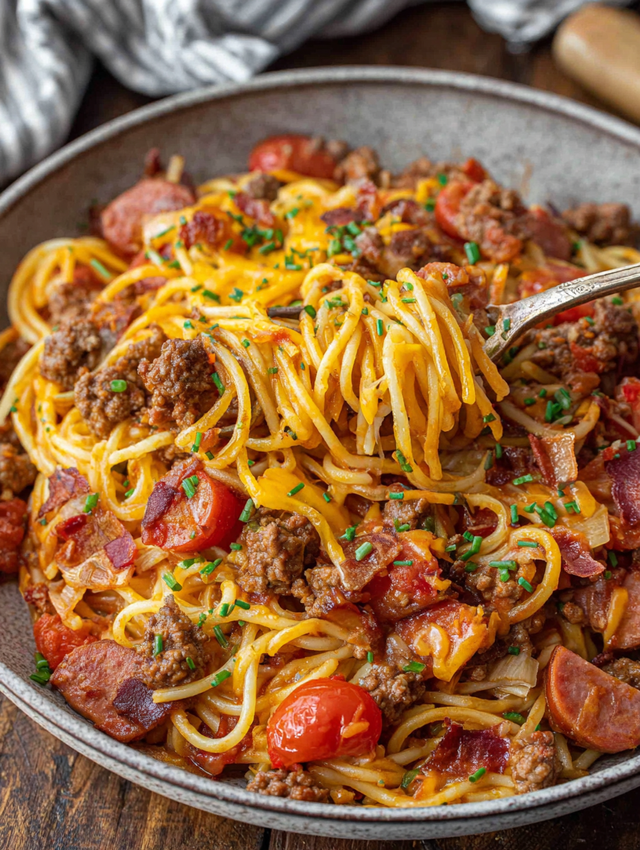 A bowl of spaghetti with meat and tomatoes.