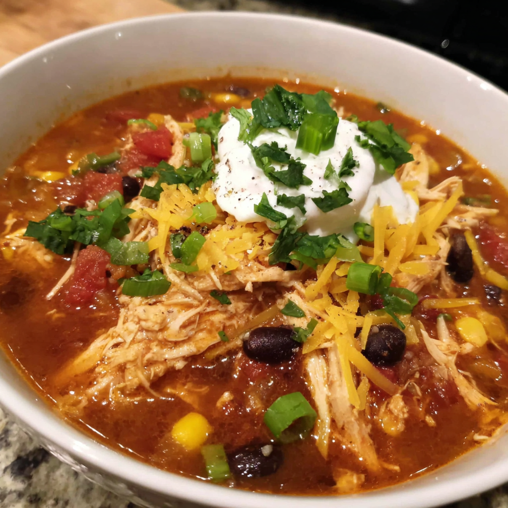A bowl of chili with chicken and cream cheese.