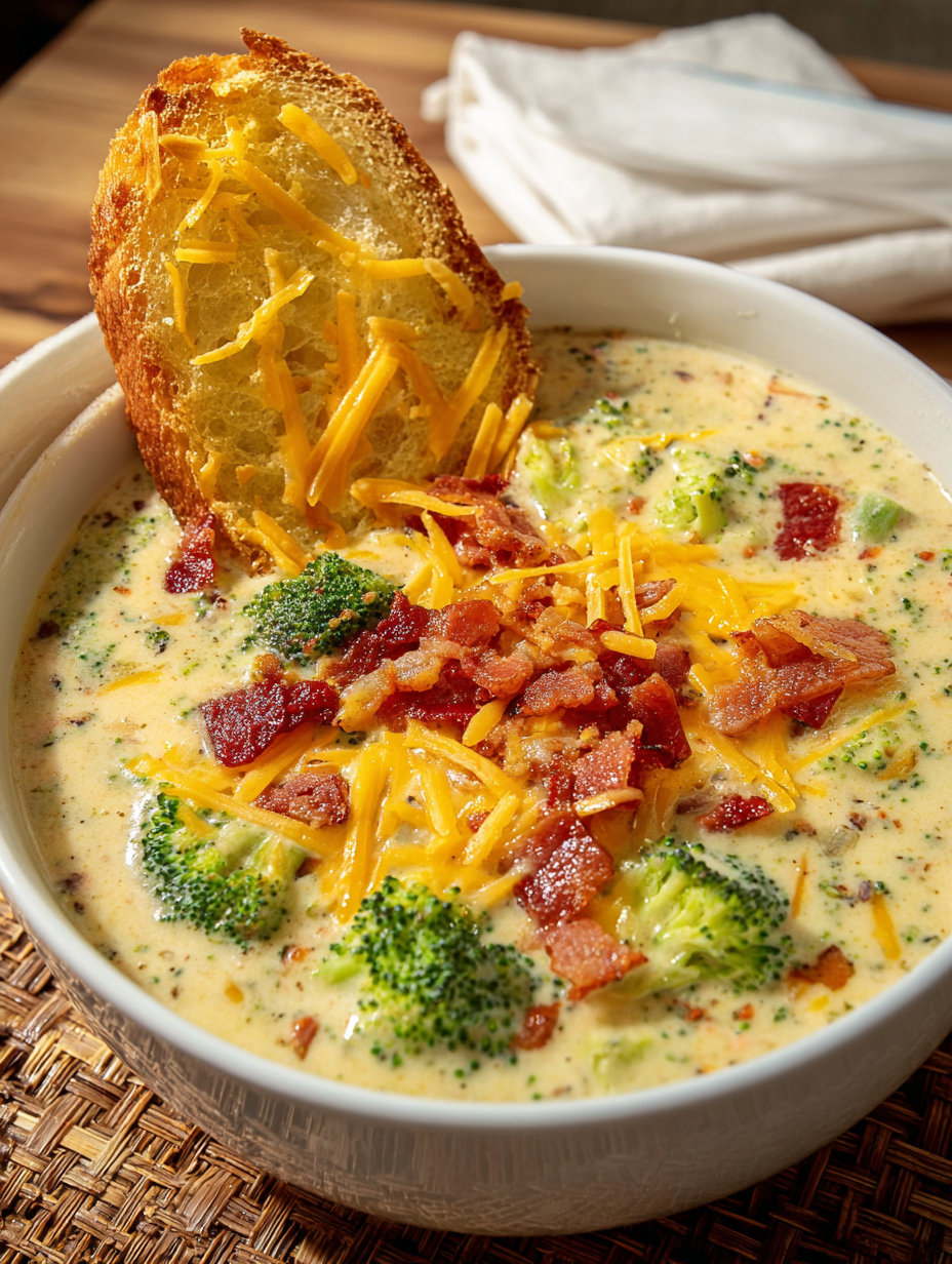 A bowl of soup with bacon and broccoli.