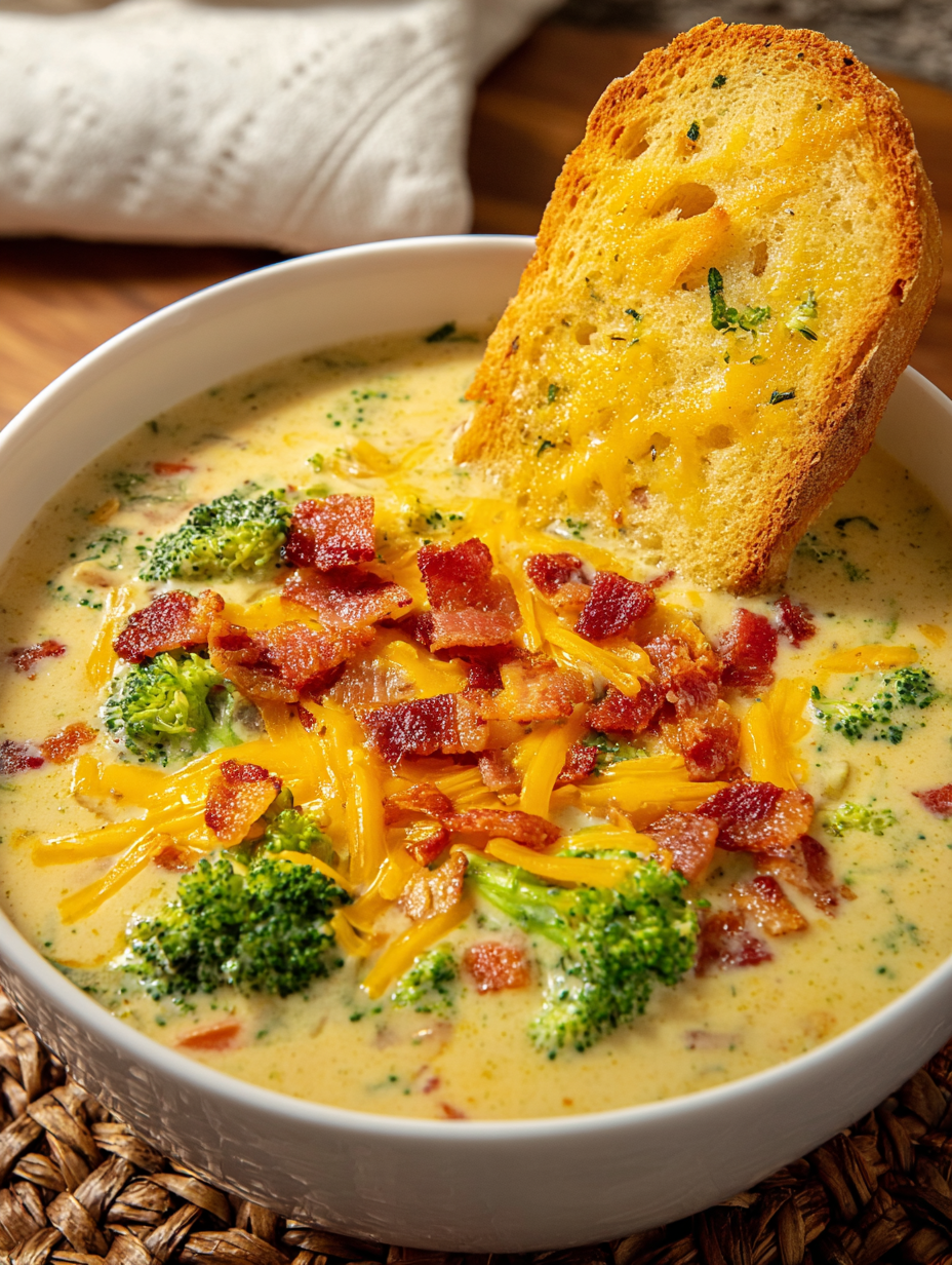 A bowl of soup with broccoli and cheese.
