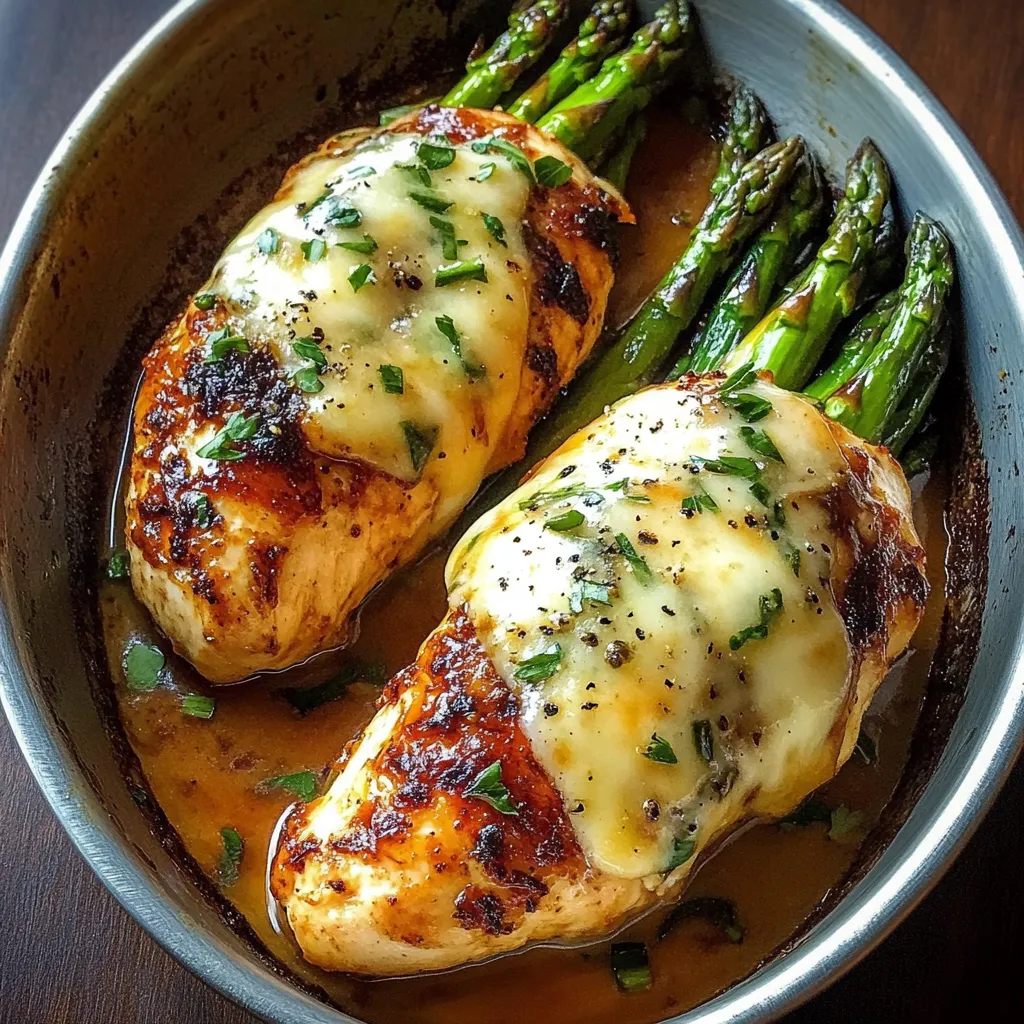 Juicy baked chicken breasts topped with melted cheese and herbs, served with roasted asparagus in a rich savory sauce