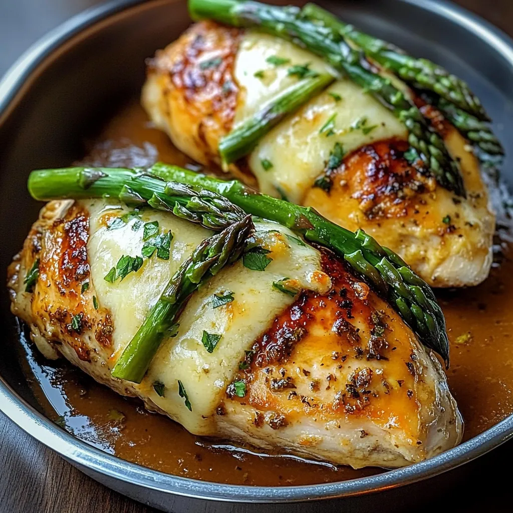 Juicy baked chicken breasts topped with melted cheese and herbs, served with roasted asparagus in a rich savory sauce – easy healthy dinner recipe.