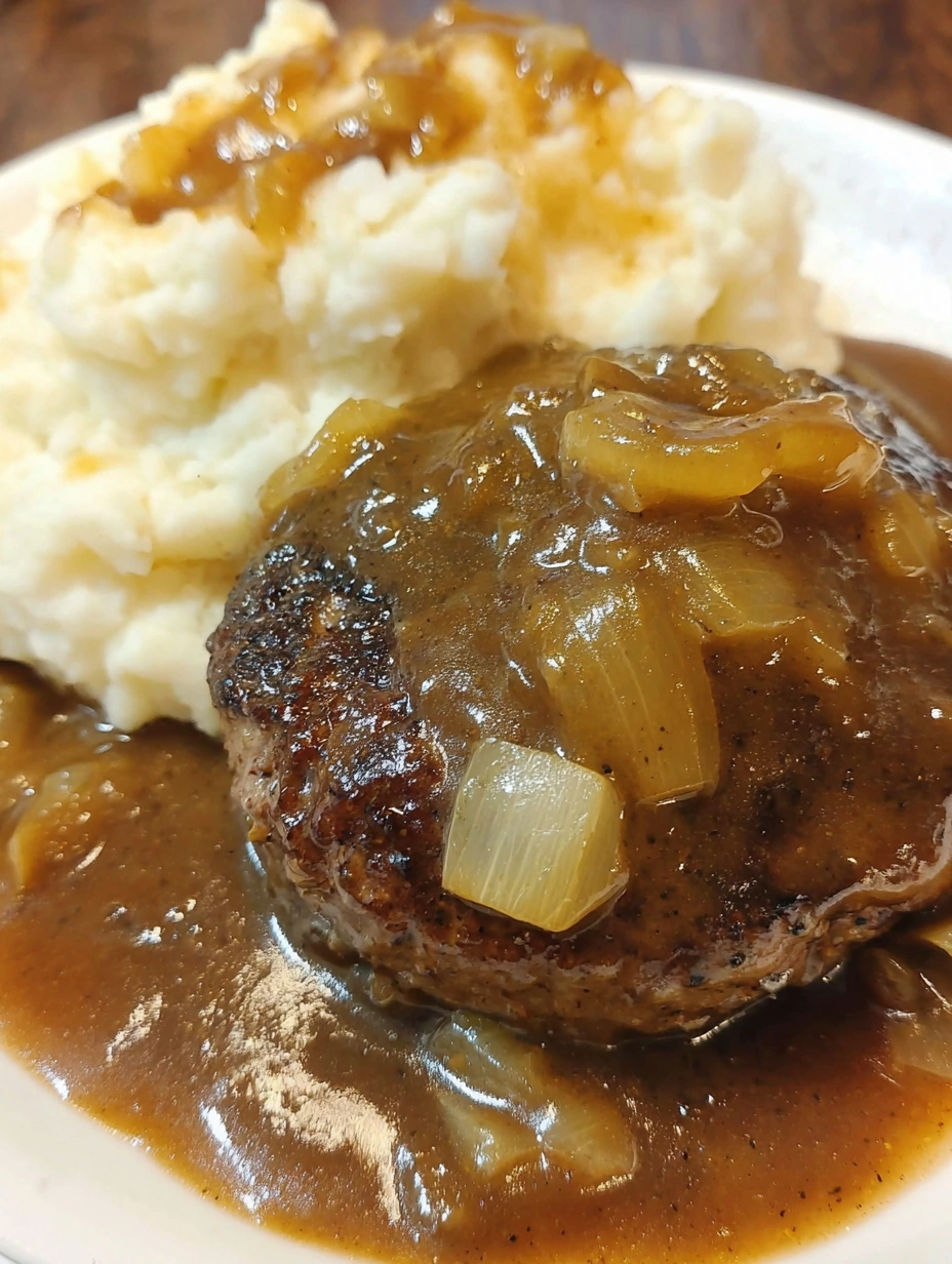 Hamburger steak with onion gravy.