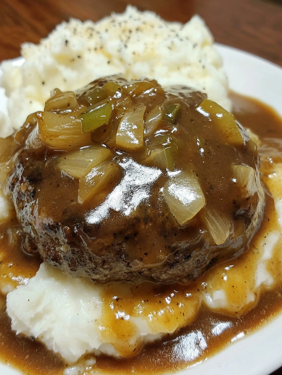Hamburger steaks with onion gravy.