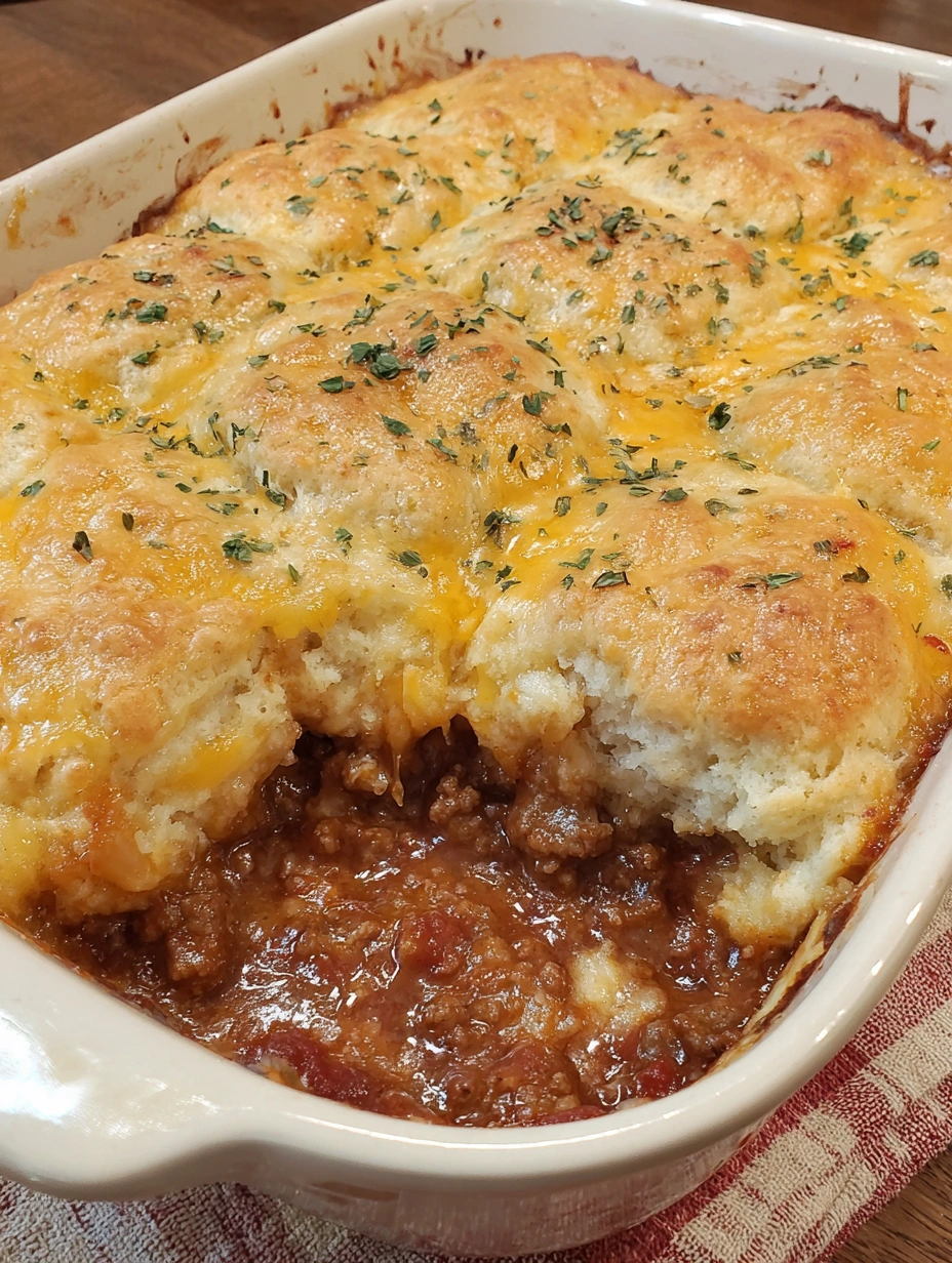 A casserole with cheddar bay biscuit topping.