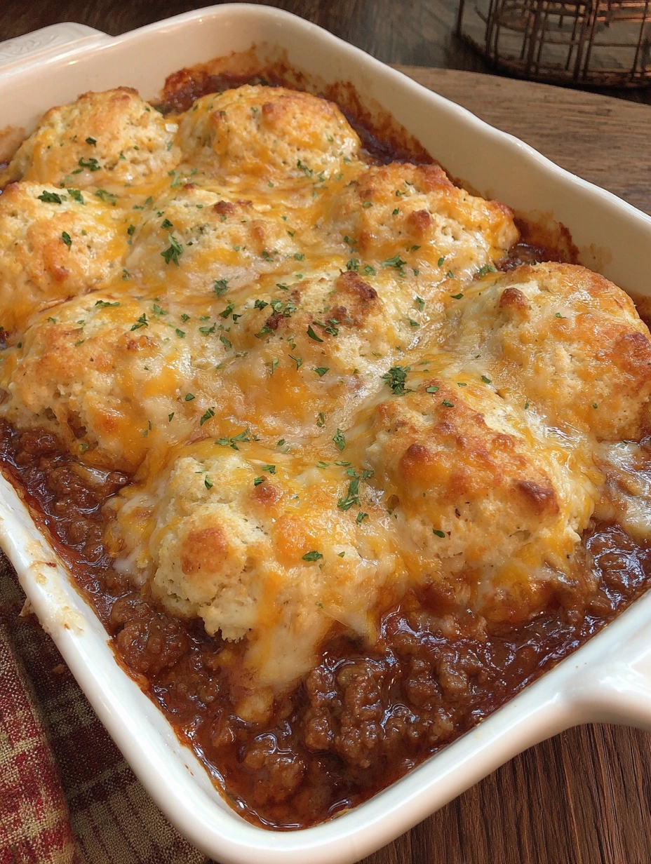 A white bowl filled with a sloppy joe casserole and cheddar bay biscuit topping.