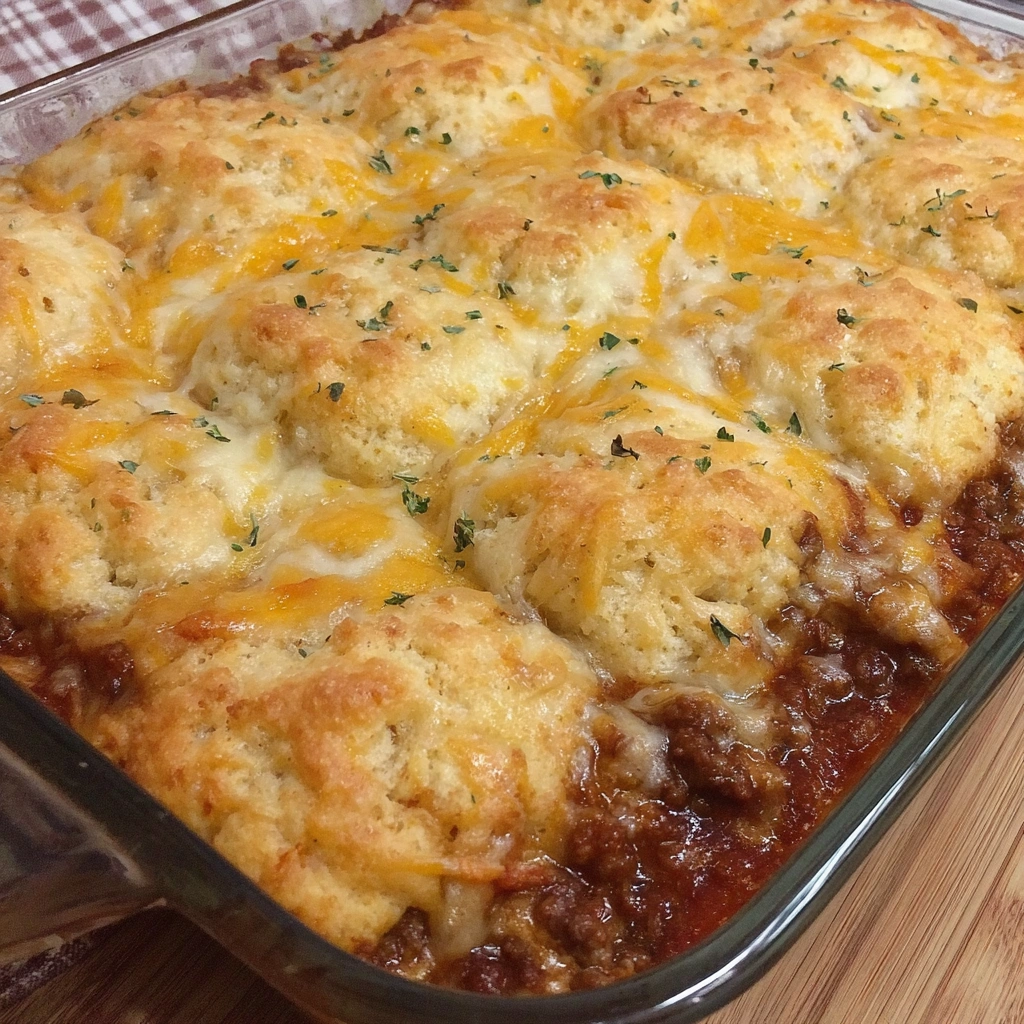 A casserole with cheddar bay biscuit topping.