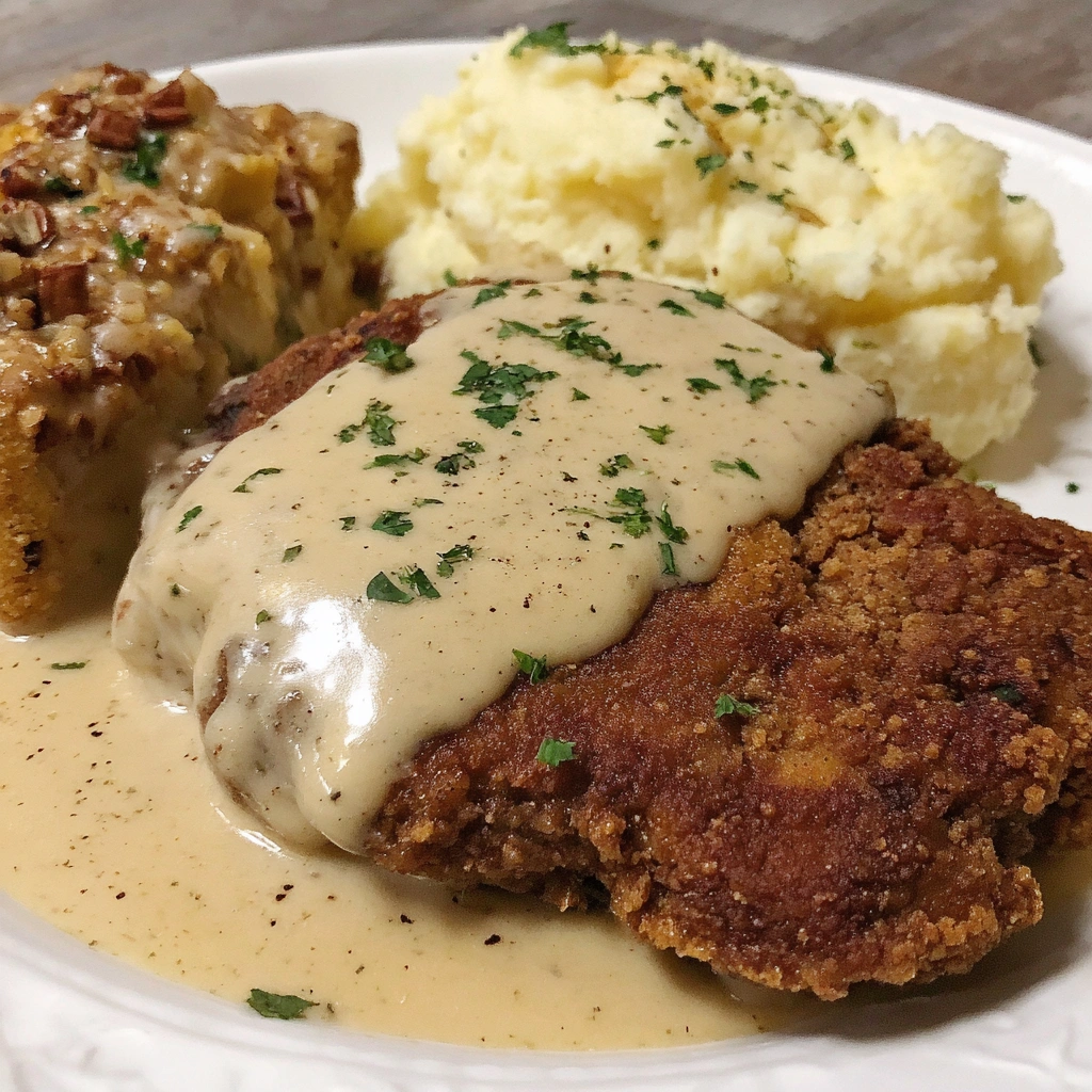 A plate of chicken fried steak with white gravy.
