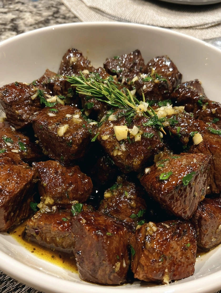 A bowl of garlic butter steak bites.