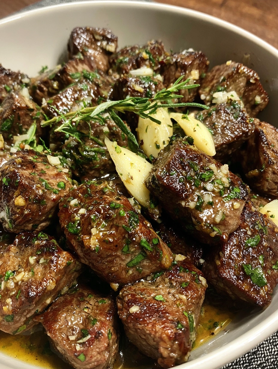 A bowl of garlic butter steak bites.