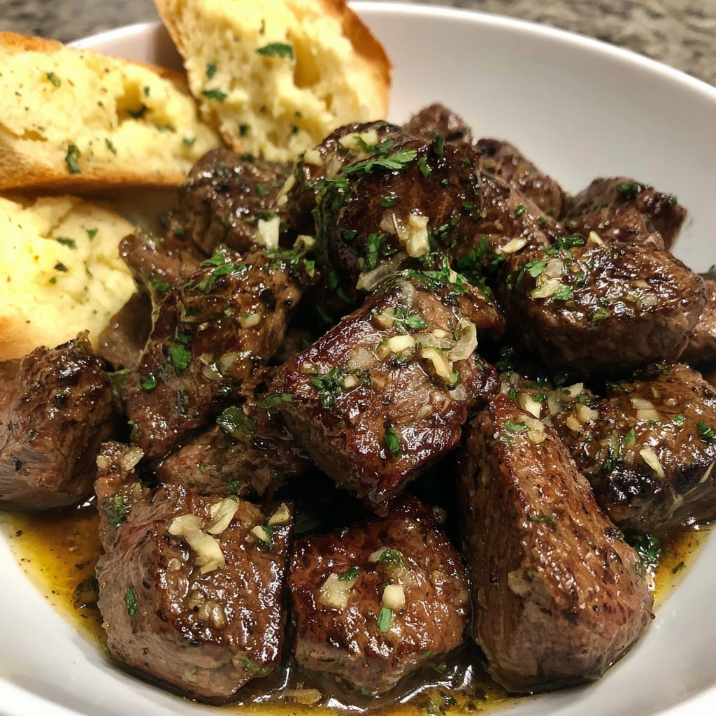 A bowl of garlic butter steak bites.