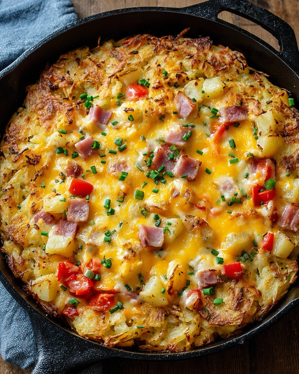 A delicious cheesy western skillet with hash browns and ham.