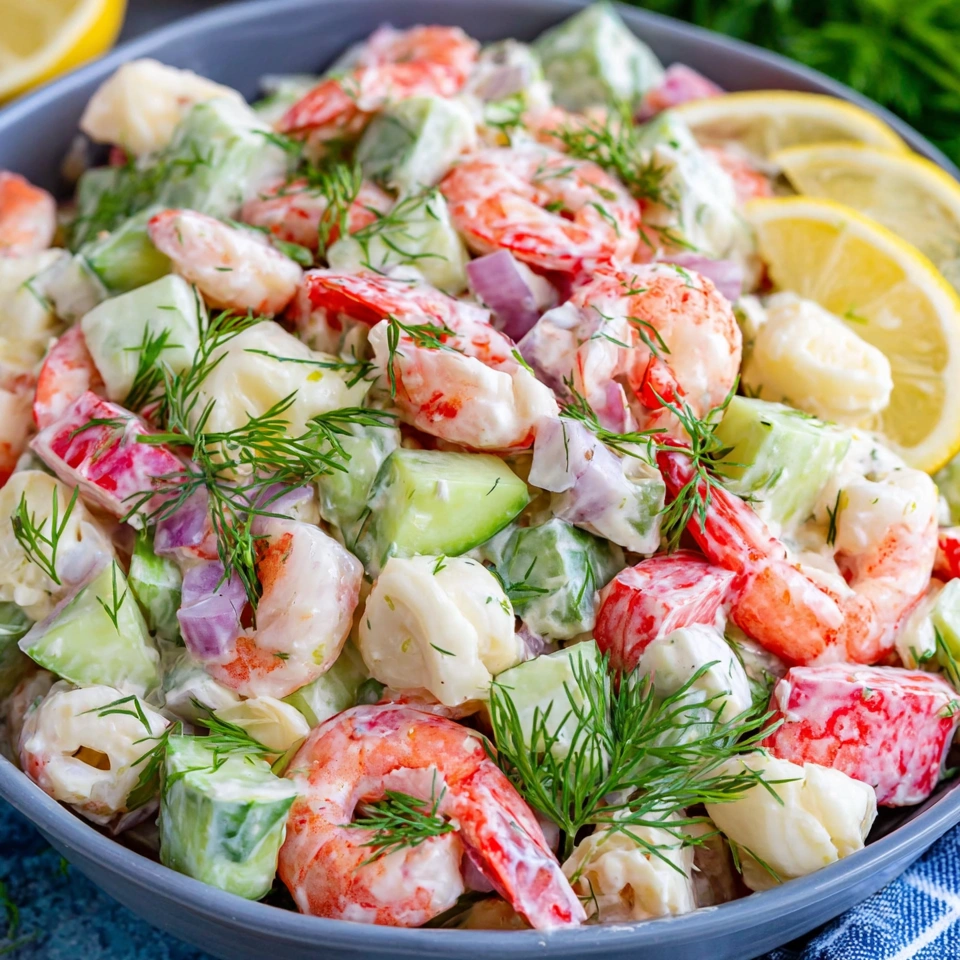 A bowl of seafood salad with shrimp, cucumbers, and lemon wedges.