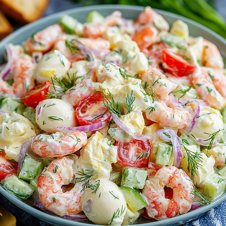 A bowl of seafood salad with tomatoes, cucumbers, and shrimp.