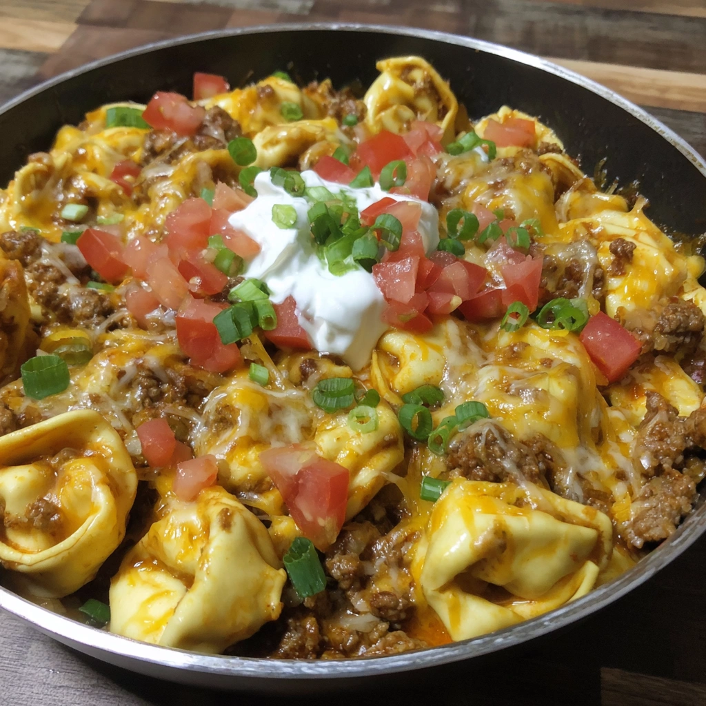 A skillet filled with cheesy taco tortellini.