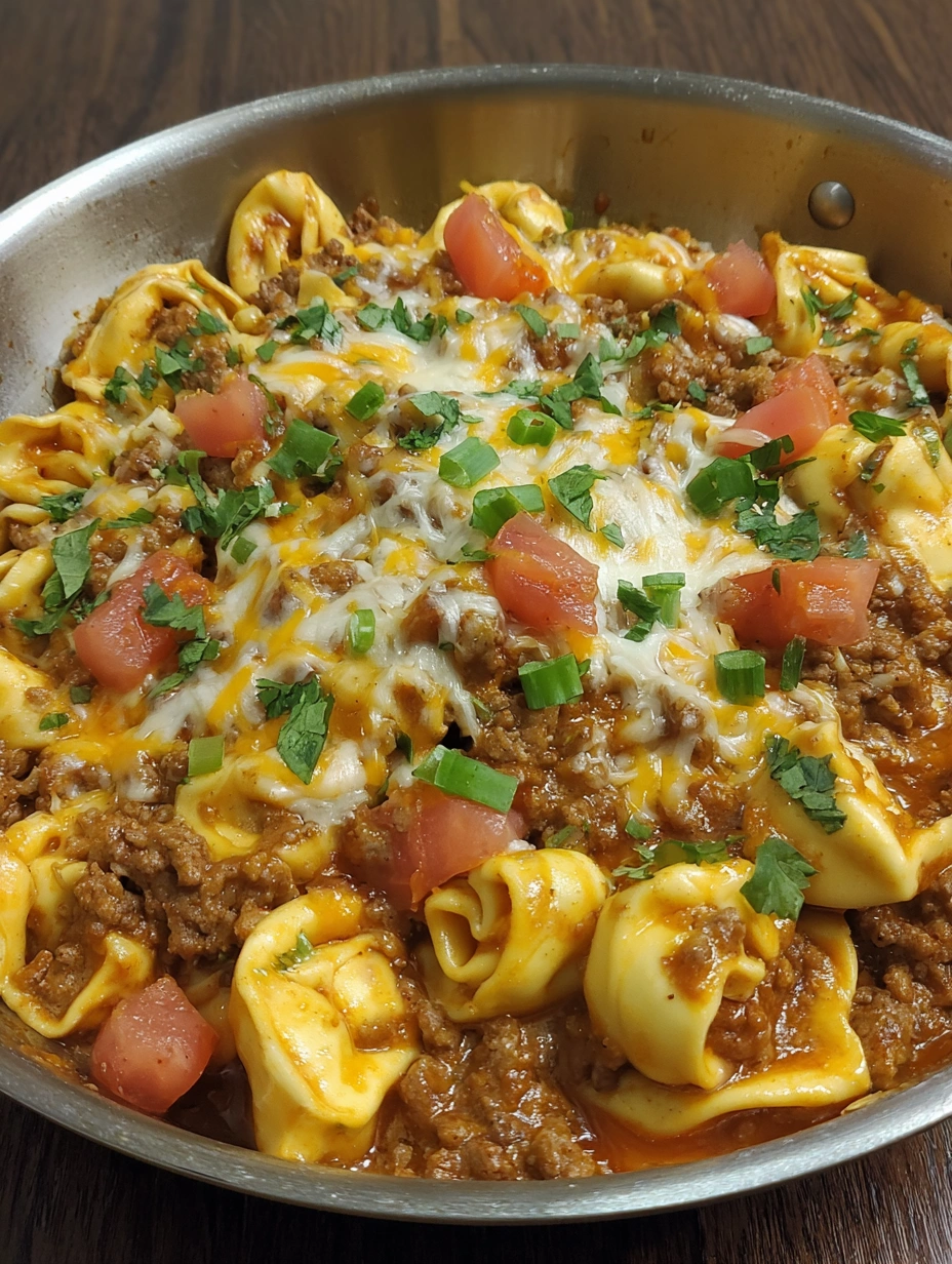 A skillet filled with cheesy taco tortellini.