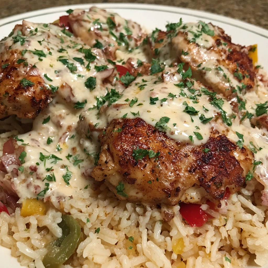 A plate of Cajun Chicken and Rice with Garlic Parmesan Sauce.