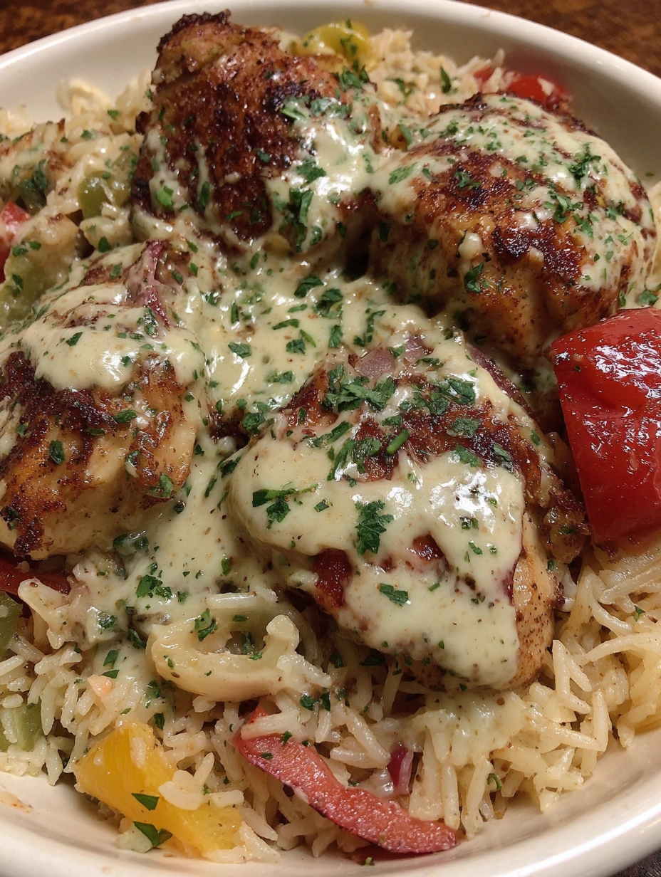 A plate of Cajun Chicken and Rice with Garlic Parmesan Sauce.