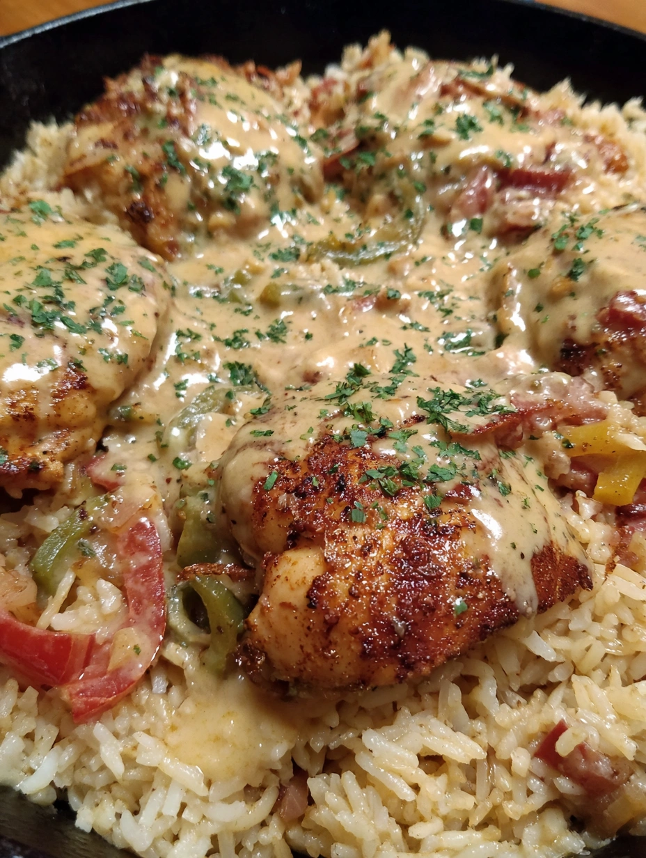 A plate of Cajun Chicken and Rice with Garlic Parmesan Sauce.