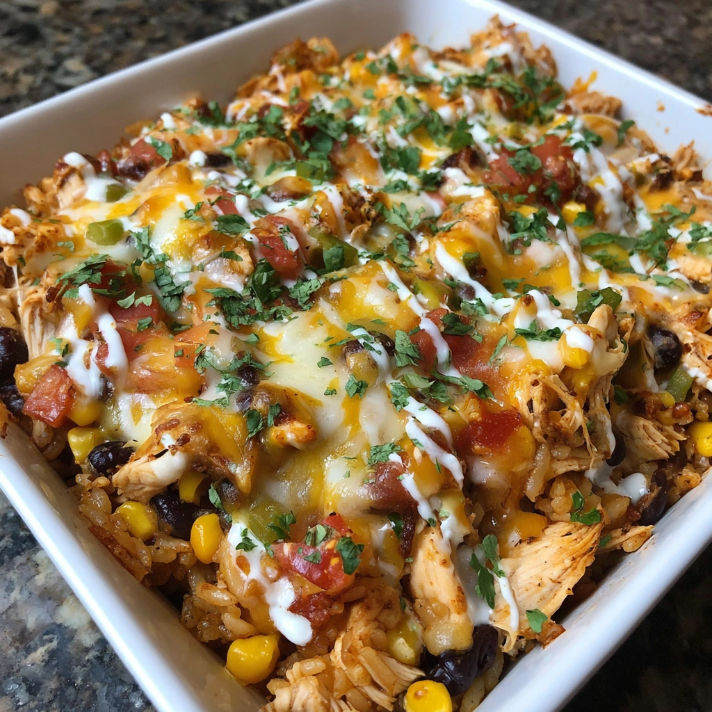 A white bowl filled with a delicious Southwest Chicken and Rice Casserole.