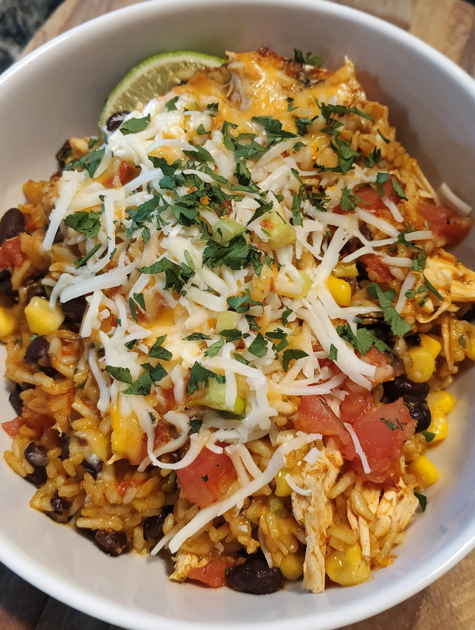 A bowl of chicken and rice casserole.