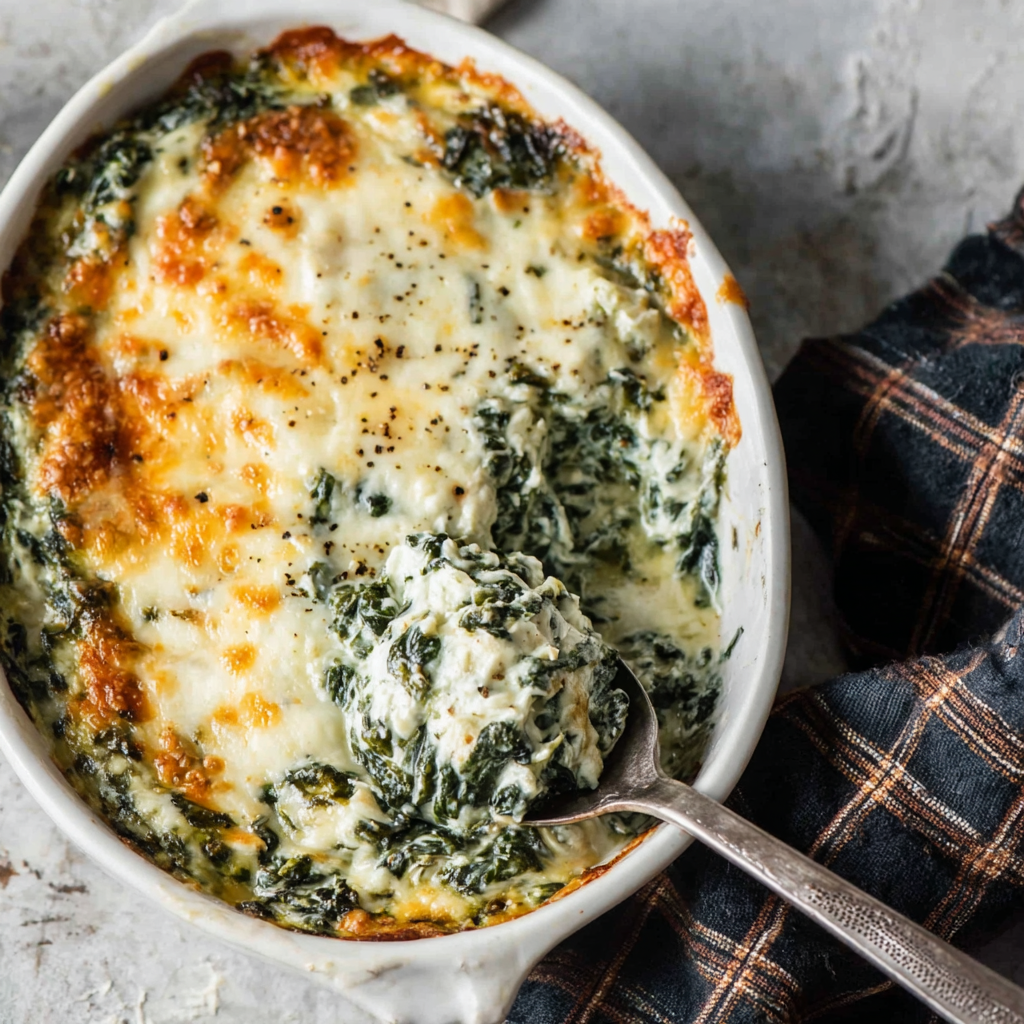 A bowl of spinach and cheese dish.