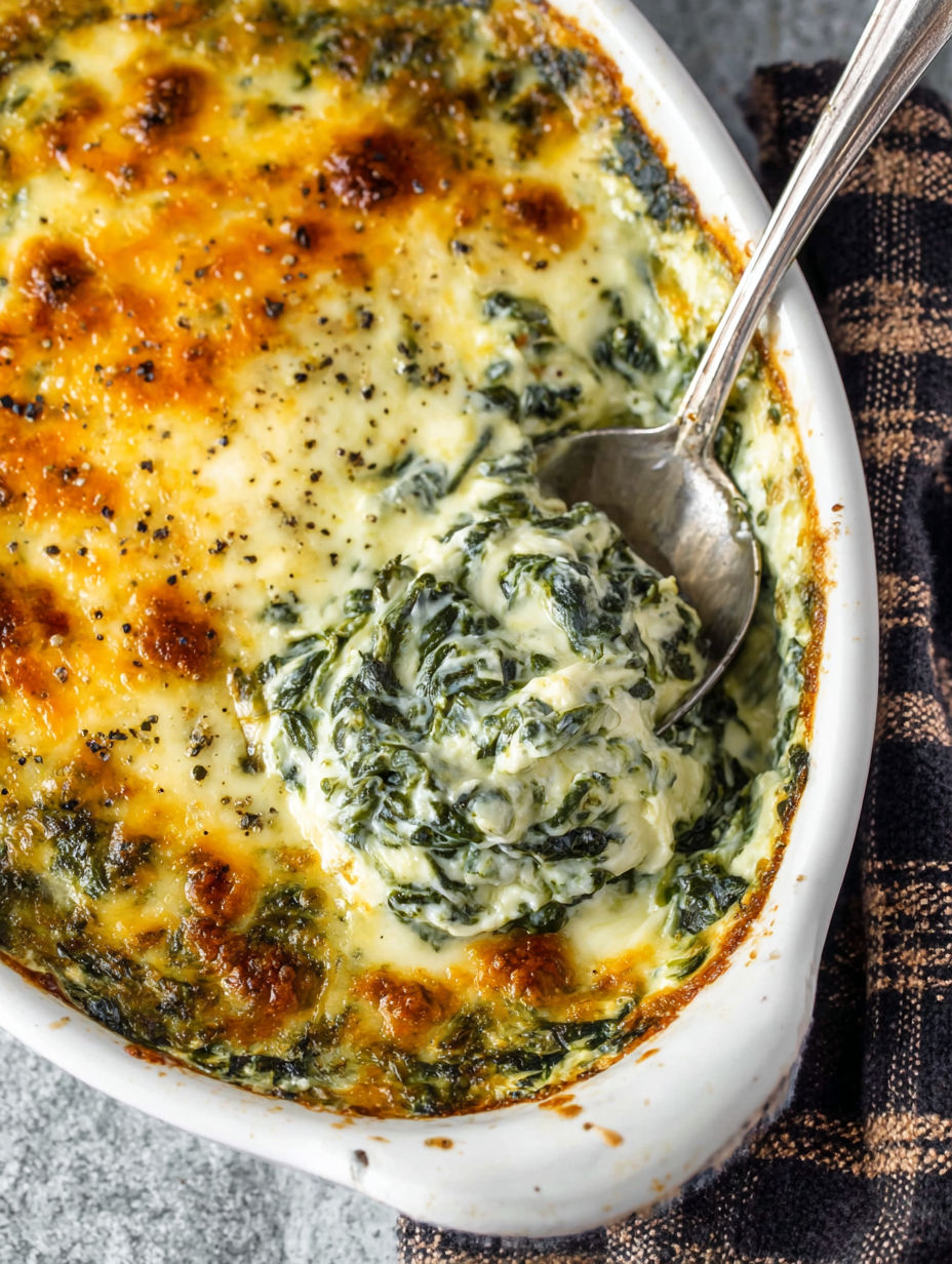 A bowl of spinach and cheese dish.