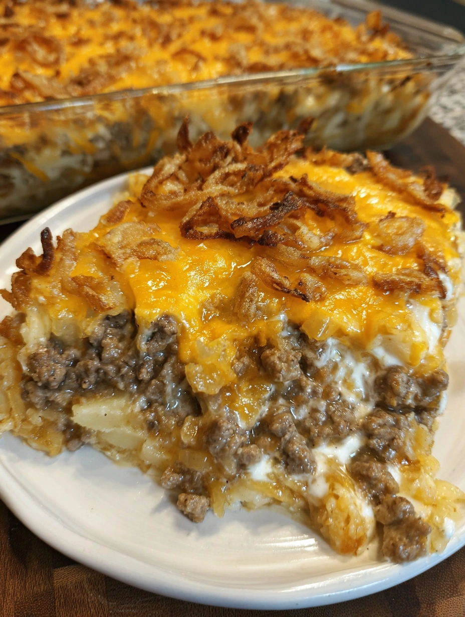 A cheesy French Onion Hamburger Casserole.