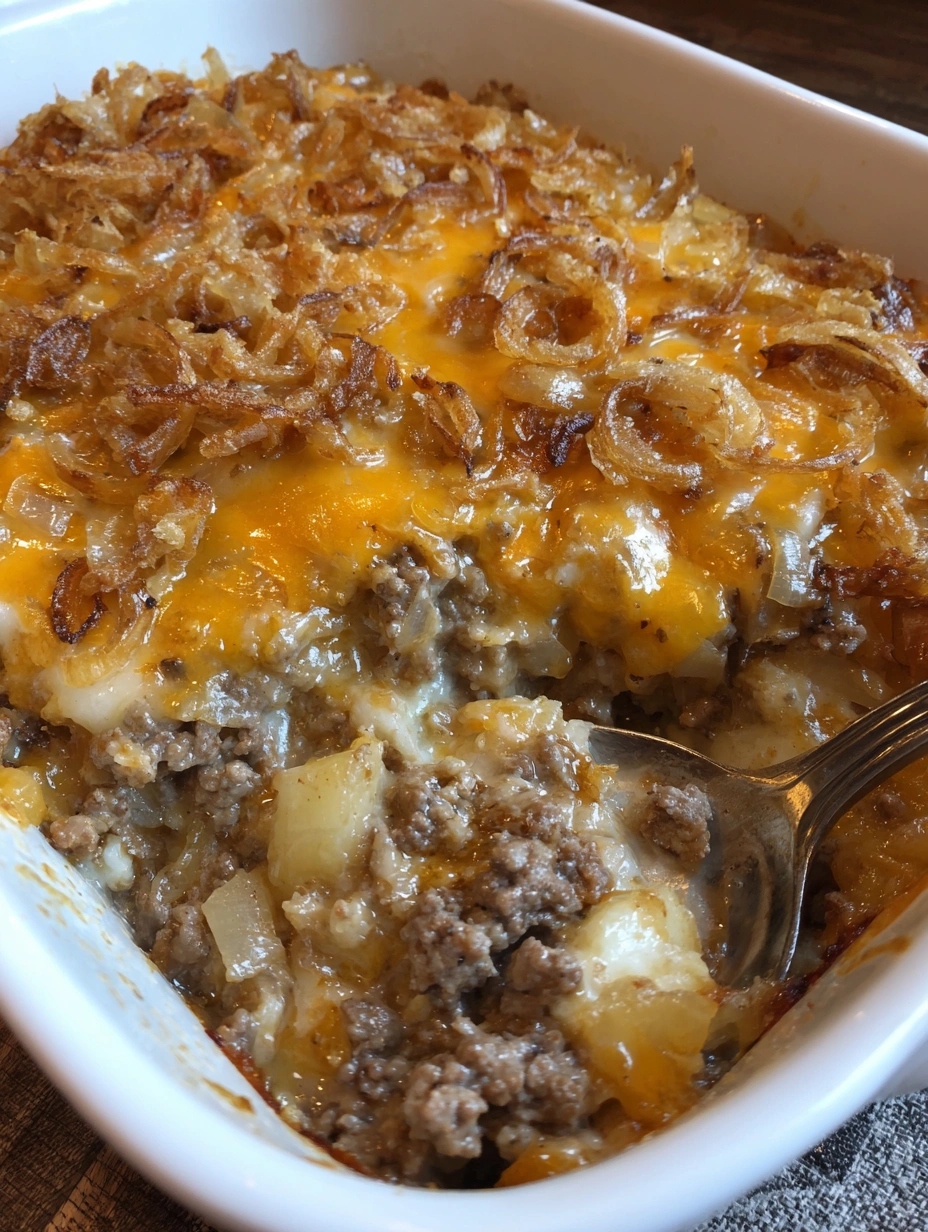 A close up of a cheesy French Onion Hamburger Casserole.